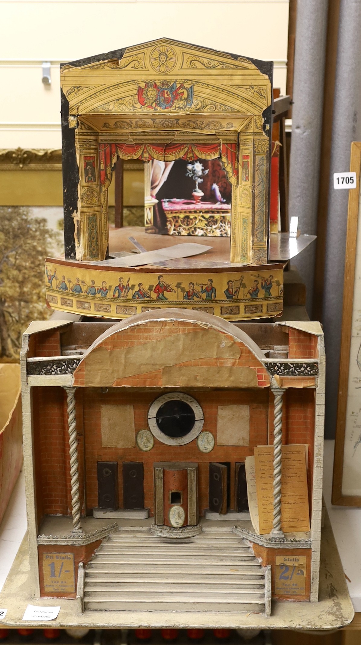 A scratch built model theatre building, 43 x 37cm, together with an interior stage